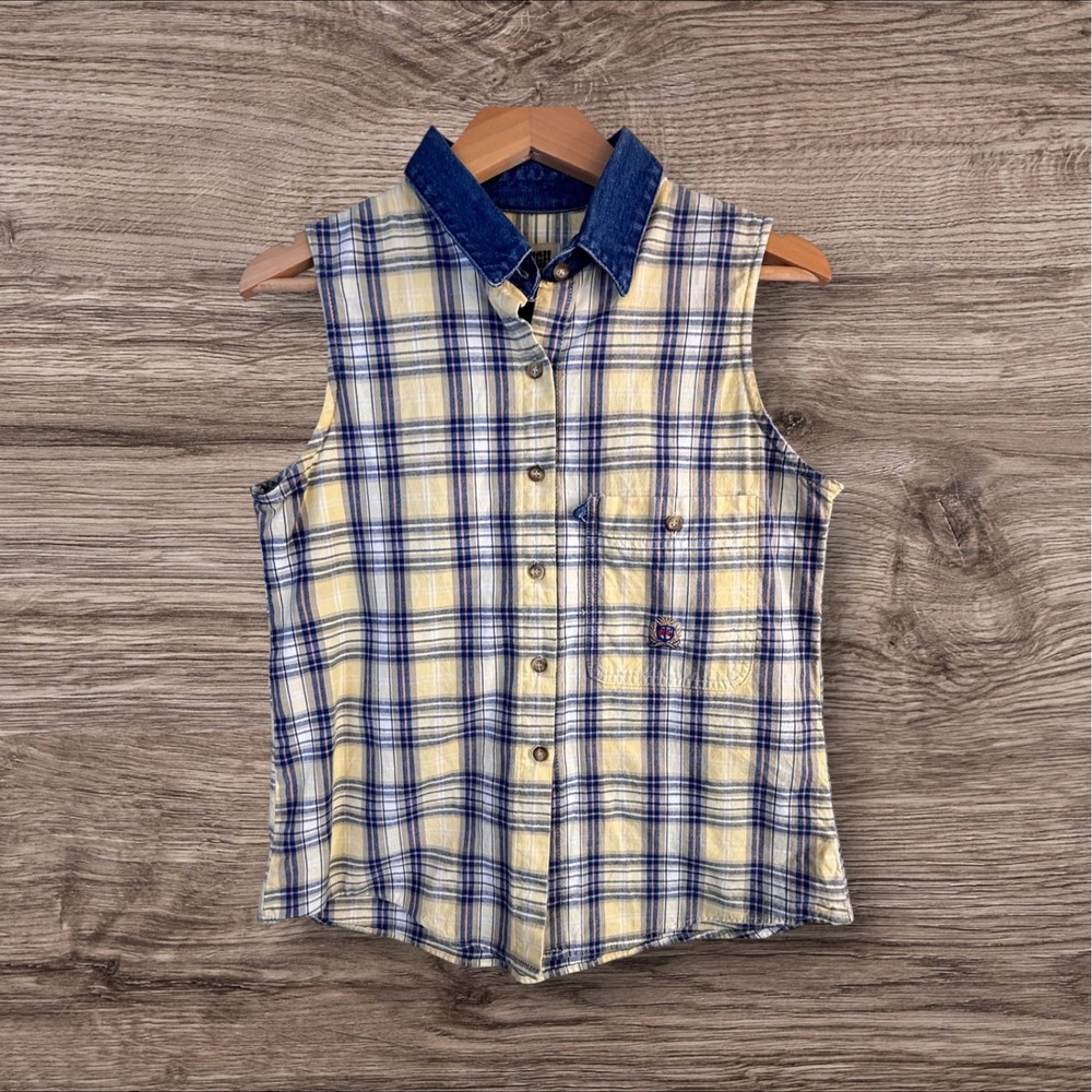 Vintage Panhandle Slim Sleeveless Plaid Shirt S Denim Collar Yellow Blue Cowgirl